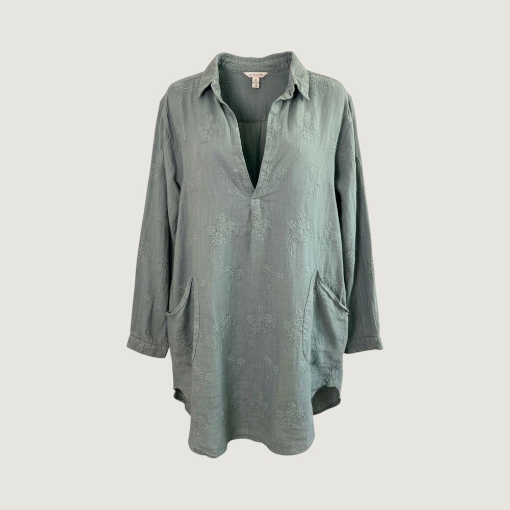 CP Shades Blue Linen Floral Embroidered Tunic Top M Oversized Pockets Lagonlook